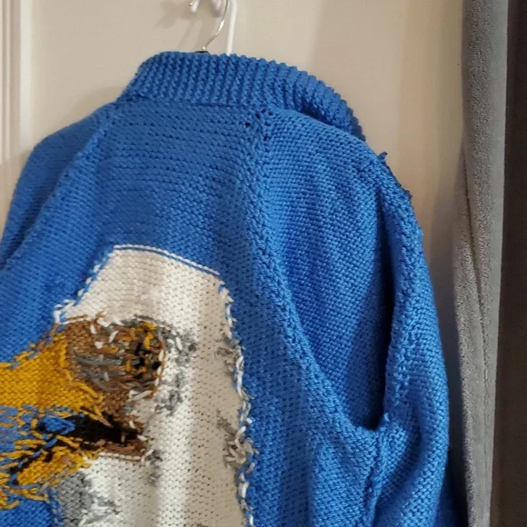 Hand Knit Bulky Cardigan Sweater Eagle Sweater Royal Blue XL - Picture 10 of 12